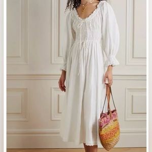 Doen Cotton Midi Dress Embroidered Lantern Sleeve Dress